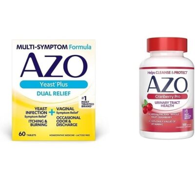AZO Yeast Plus Dual Relief 60 Tablets, Yeast Infection & Vaginal Symptom Relief + Cranberry Pro Urinary Tract Health Supplement 600mg PACRAN, 1 Serving = More Than 1 Glass of Cranberry Juice 100 CT