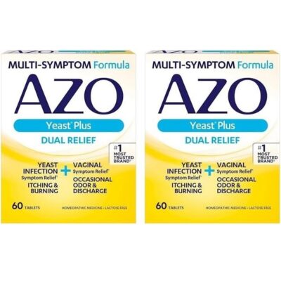 AZO Yeast Plus Dual Relief Tablets, Yeast Infection and Vaginal Symptom Relief, Relieves Itching & Burning, 60 Count (Pack of 2)