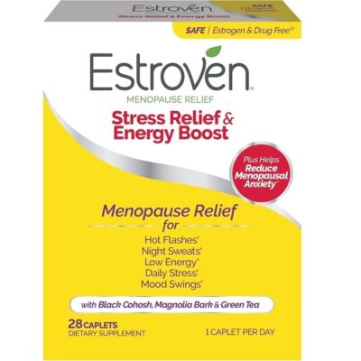 Estroven Stress Relief & Energy Boost for Menopause Relief - 28 Ct. - Clinically Proven Ingredients Provide Stress & Energy Support + Night Sweats & Hot Flash Relief - Drug-Free and Gluten-Free
