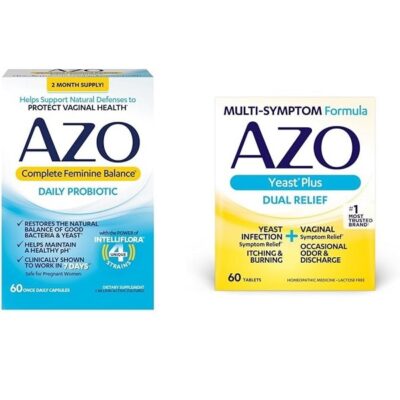 AZO Complete Feminine Balance Daily Probiotics for Women & Yeast Plus Dual Relief Tablets, Yeast Infection and Vaginal Symptom Relief, Relieves Itching & Burning, 60 Count
