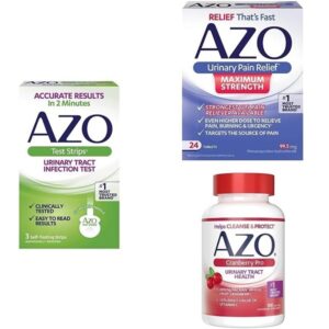 AZO UTI Pain Relief Bundle UTI Test Strips 3ct, Urinary Pain Relief Max Strength 24ct, Cranberry Pro Supplement 100ct - Image 1