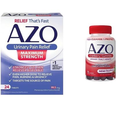 AZO Urinary Pain Relief Maximum Strength (24 Count) Fast Relief of UTI Pain, Burning & Urgency + Cranberry Urinary Tract Health Gummies, 2 Gummies = 1 Glass of Cranberry Juice 72 Count