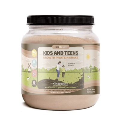 TruHeight Kids & Teens Growth Protein Shake chocolate flavor, 720g container with 16g protein per serving