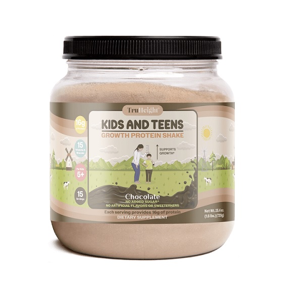 TruHeight Kids & Teens Growth Protein Shake chocolate flavor, 720g container with 16g protein per serving