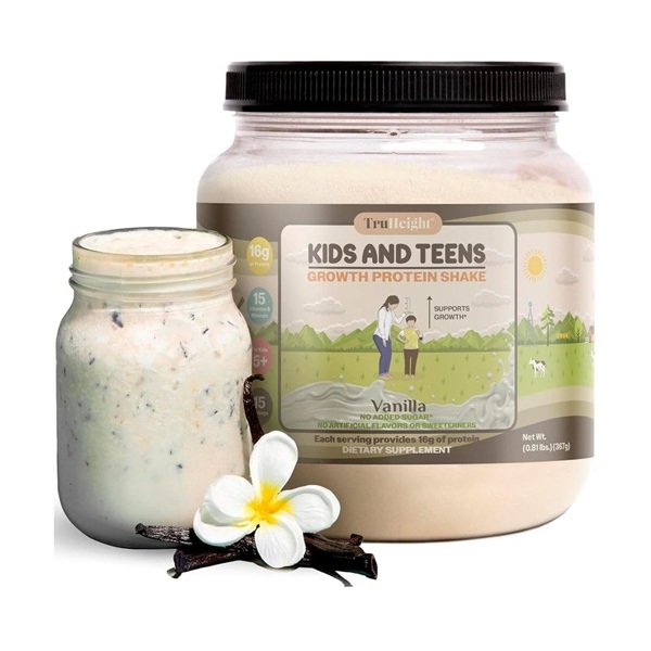 TruHeight Kids & Teens Growth Protein Shake vanilla flavor, 16g protein per serving, no added sugar, 15 servings