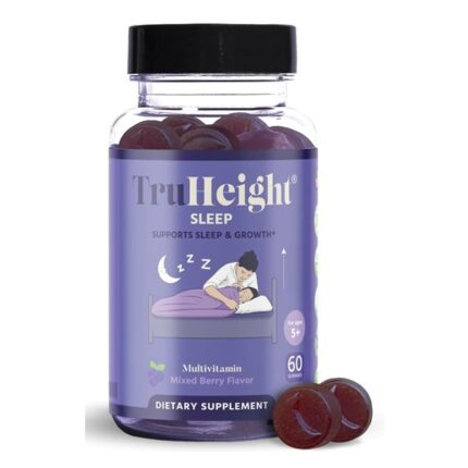 TruHeight Kids & Teens Sleep Gummies bottle with melatonin, L-theanine and lemon balm, mixed berry flavor, 60 gummies