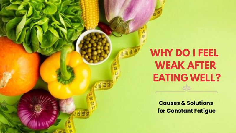 Causes of fatigue concept with healthy foods and measuring tape
