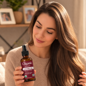 Woman holding Cliganic organic jojoba oil for hair and skincare