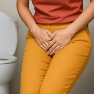 Woman experiencing urinary discomfort and urgency symptoms in bathroom