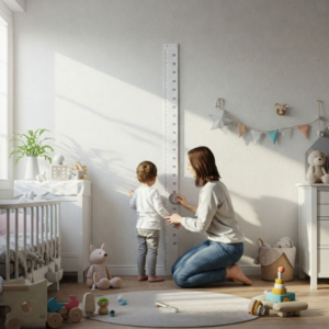 Mother measuring child's height at home to track growth development