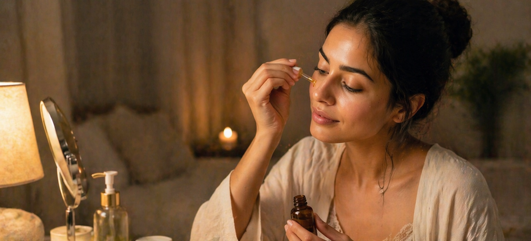Woman applying face oil evening skincare