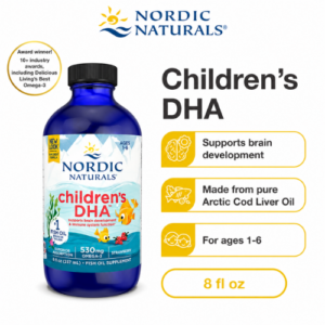 Nordic Naturals Children’s DHA omega-3 fish oil supplement for kids ages 1-6 supporting brain development, made from pure Arctic cod liver oil, 8 fl oz bottle.