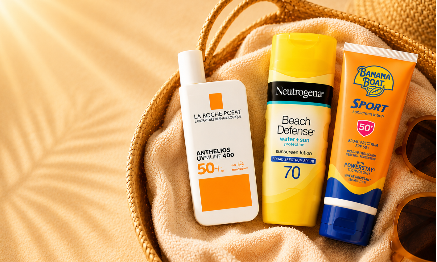 Top-rated beach and sports sunscreens displayed in a summer basket, representing the search for the best sunscreen for Indian skin.