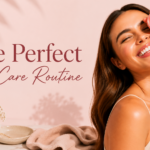 Woman smiling while holding a lip balm near her eye with text “The Perfect Lip Care Routine” on a soft pink aesthetic background.