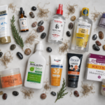 A flat-lay arrangement of the best skincare products for dry skin, including moisturizers, serums, toners, and scrubs, displayed on a textured surface with decorative stones.