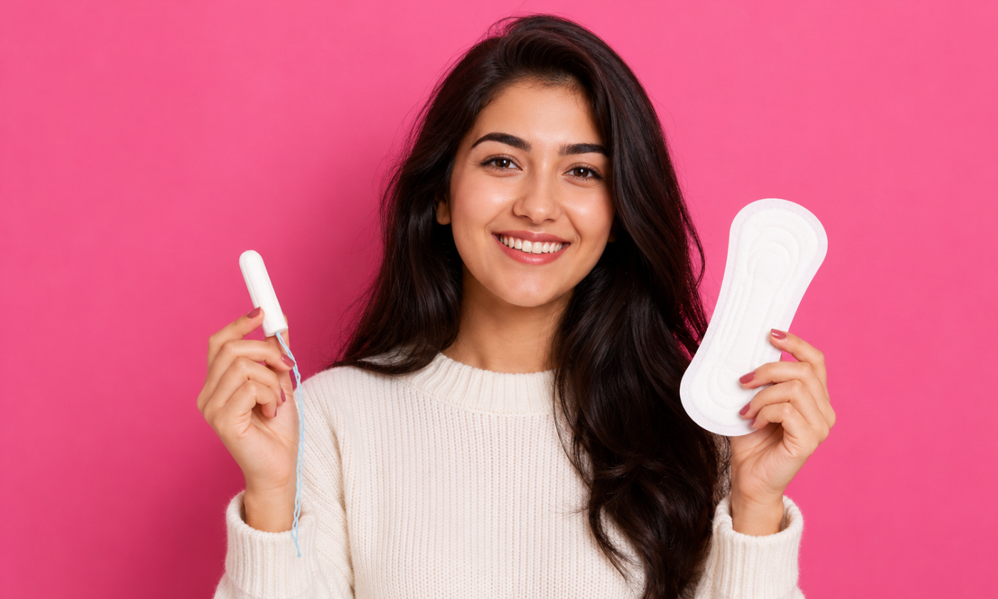 Woman holding a tampon and sanitary pad to compare menstrual hygiene products and period protection options.