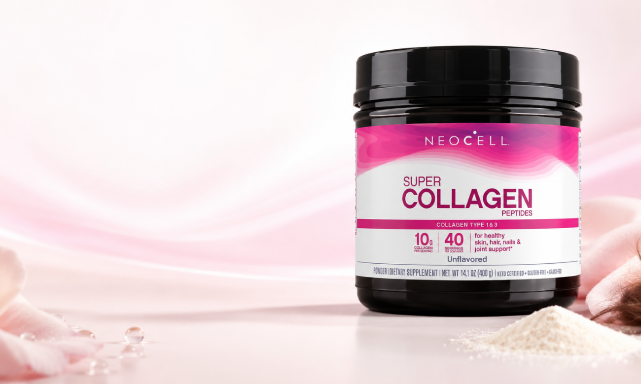 NeoCell Super Collagen Peptides powder jar and scoop
