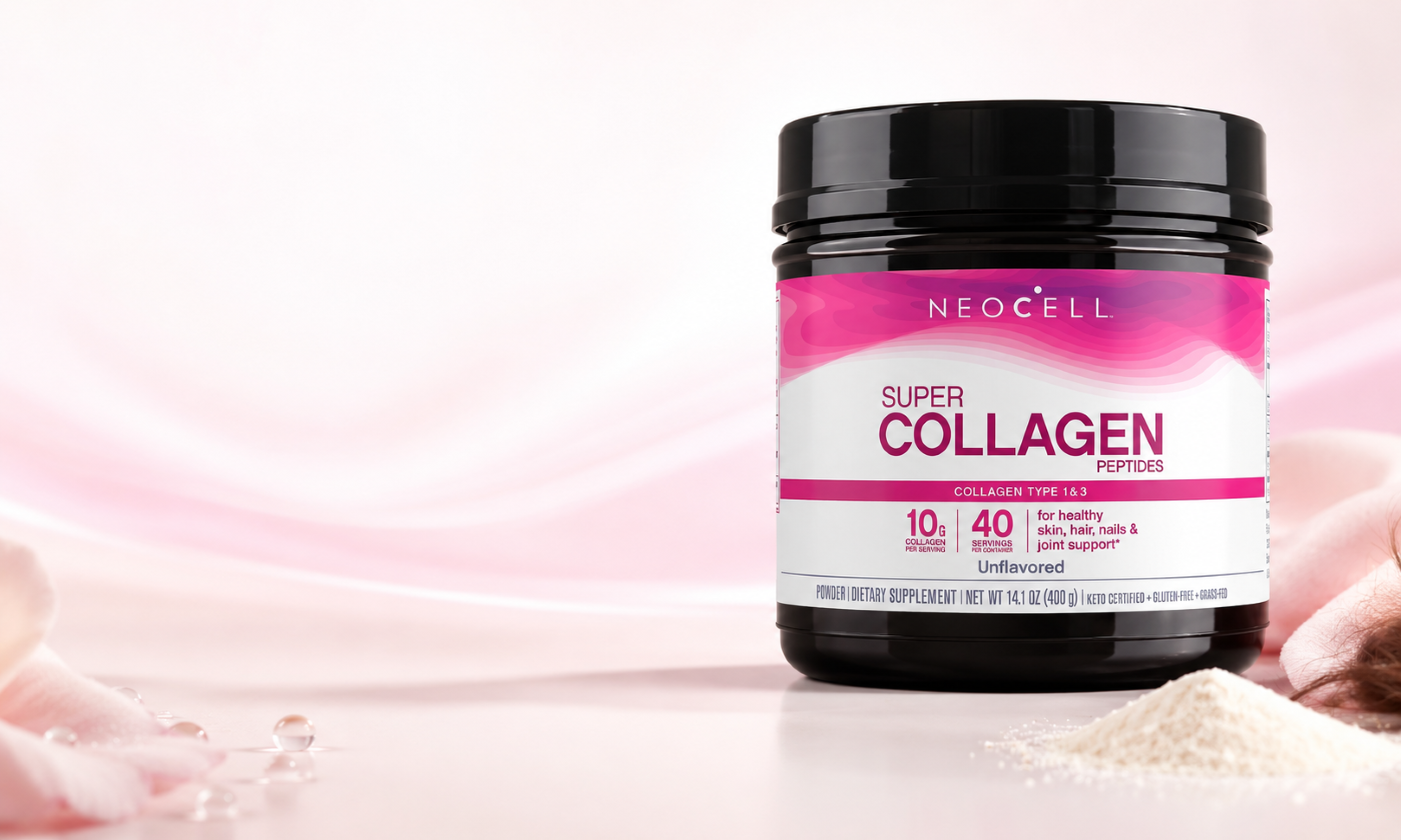 NeoCell Super Collagen Peptides powder jar and scoop