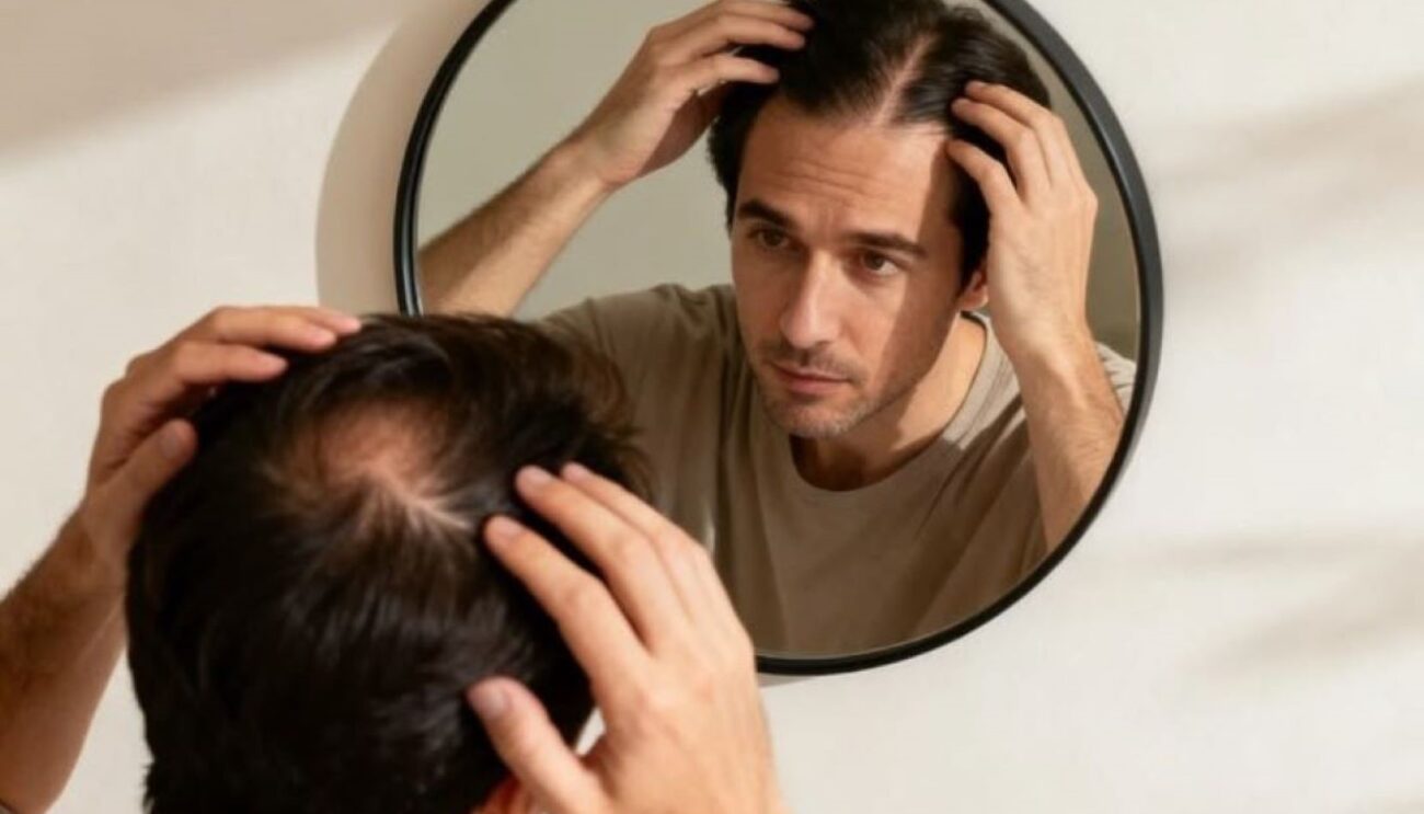 man examining signs of male pattern baldness and thinning hair in the mirror