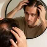 man examining signs of male pattern baldness and thinning hair in the mirror