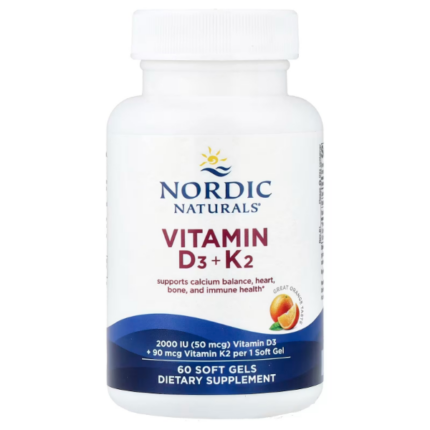 Nordic Naturals Vitamin D3 K2 orange softgel supplement box, 60 softgels