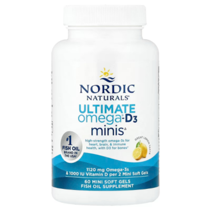 Nordic Naturals Ultimate Omega Mini D3 lemon softgels, 1120 mg EPA+DHA plus 1000 IU D3, 60 count
