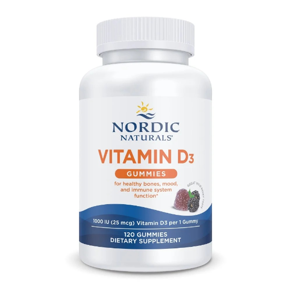 1 (1) Nordic Naturals Vitamin D3 Gummies wild berry 120 count bottle with chewable vitamin D3 gummies