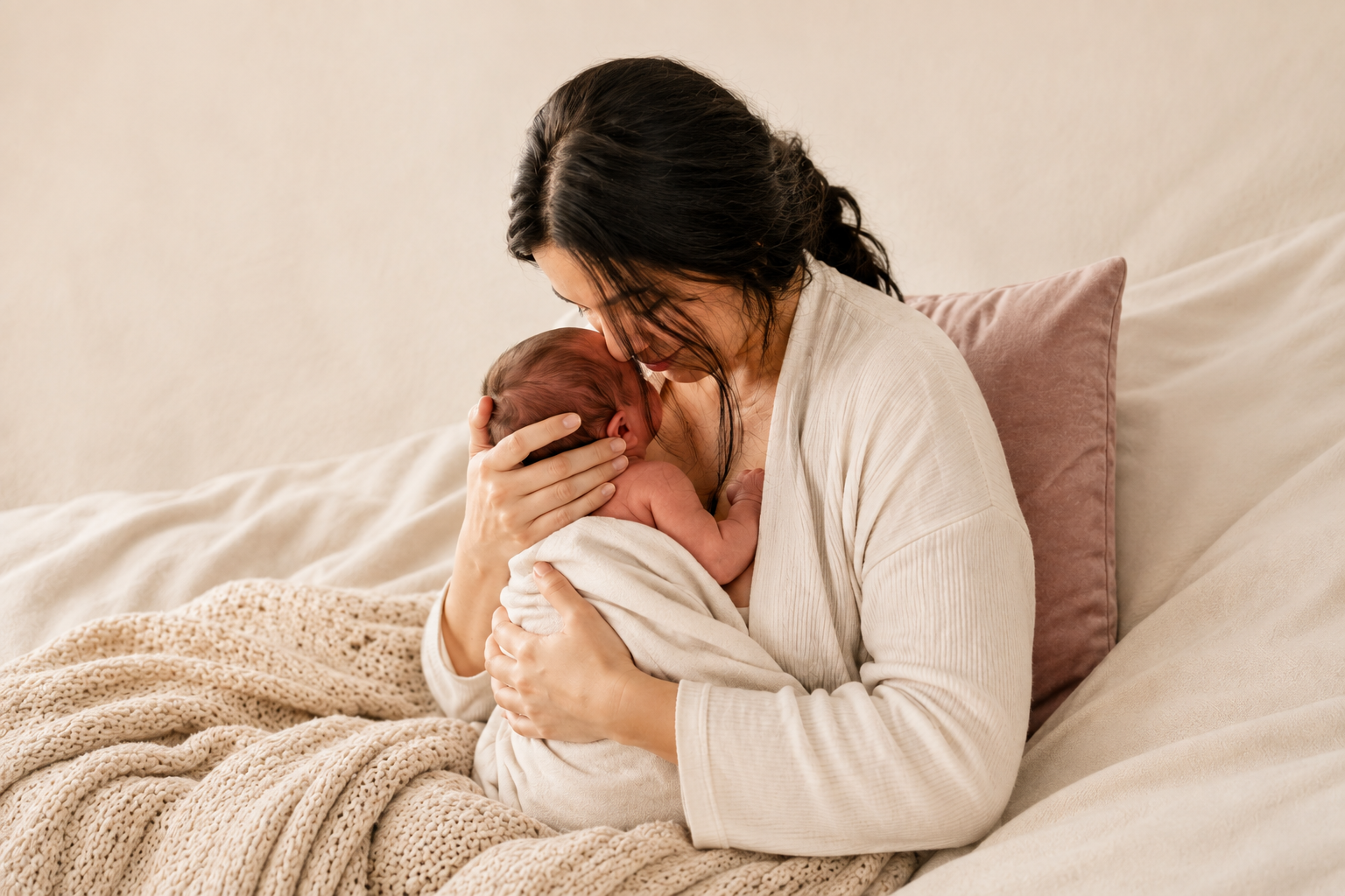 Postpartum recovery essentials for new moms with mother holding newborn