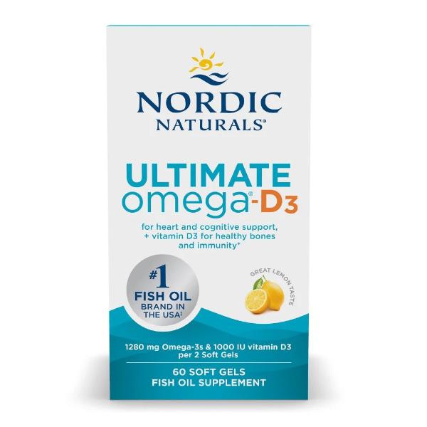 imgi_172_01794RH1-UltimateRD3_60ct_Front_69e6f452-aaf6-4c8b-975a-4ce2c2890509 Nordic Naturals Ultimate Omega-D3, 1280 mg Omega-3 + 1000 IU Vitamin D3, Lemon, 120 Softgels - Image 1